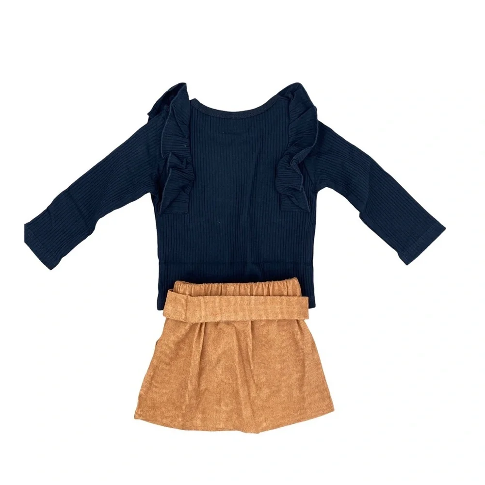 Black Ruffle Long Sleeve Top and Tan Corduroy Button Skirt Set Size 2 NEW